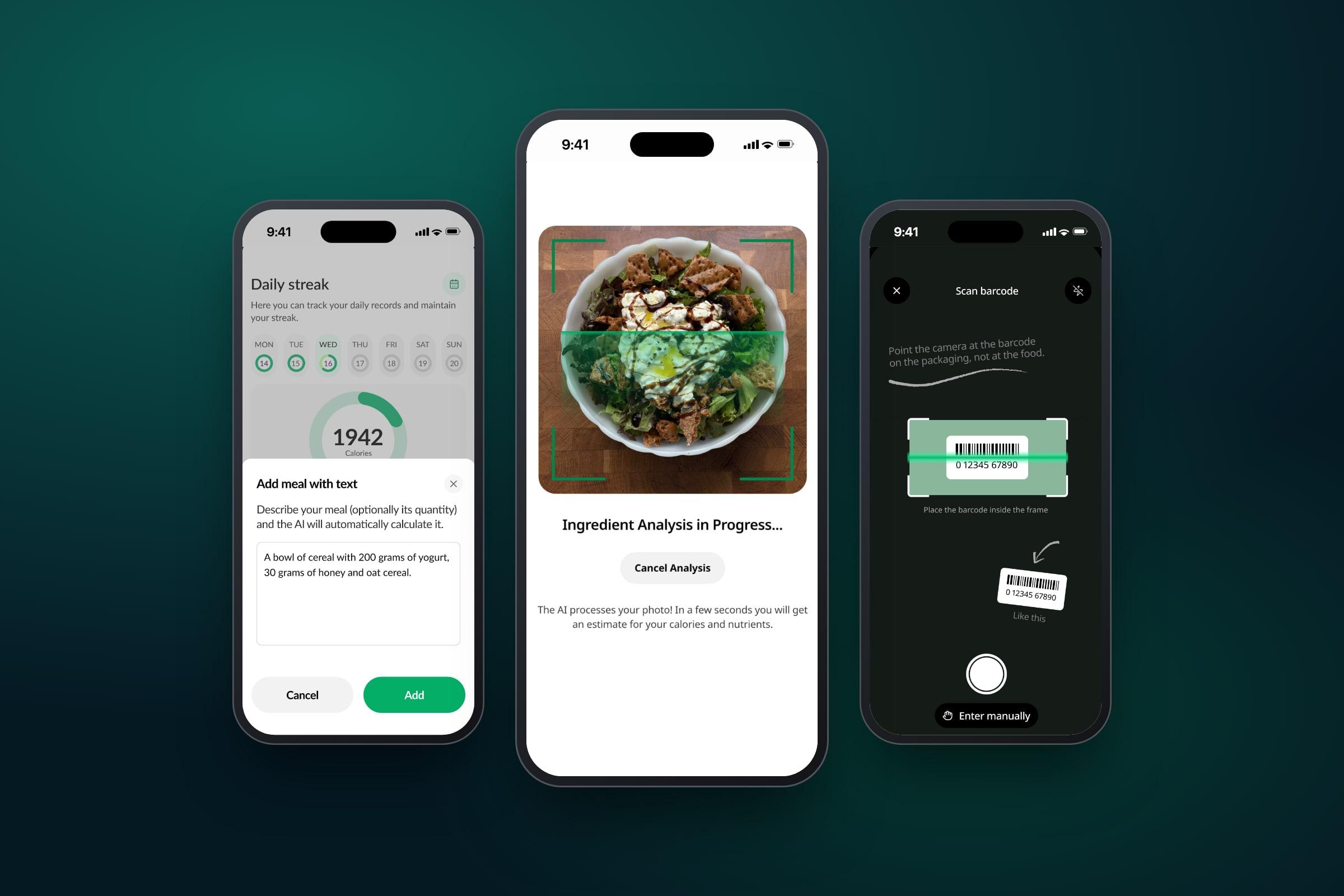 Calories Counter AI: adding a meal by text, analysing a photo of a salad, and scanning a barcode