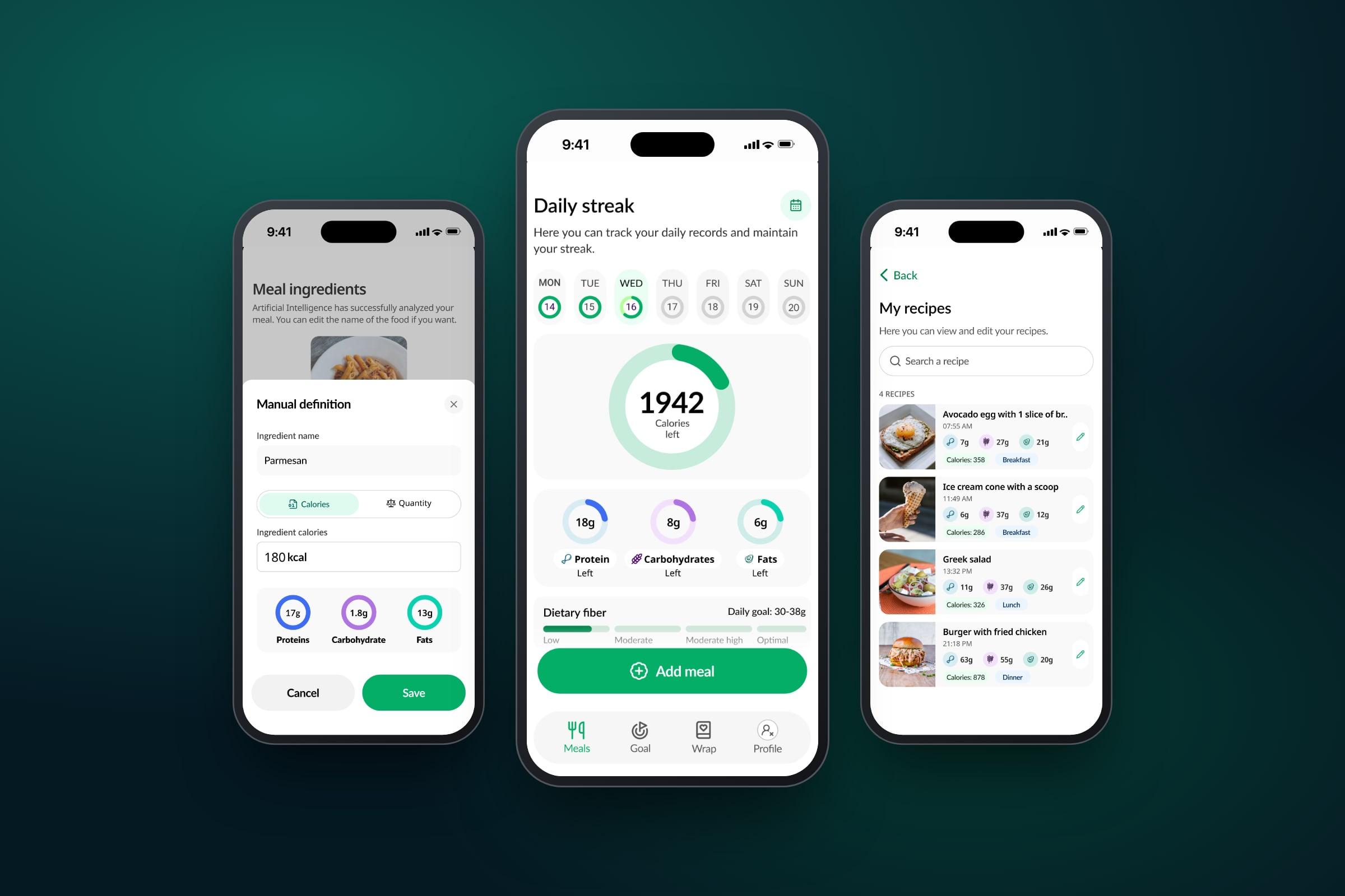 Calories Counter AI: editing a meal's ingredients, the daily streak with calories and macros left, and saved recipes