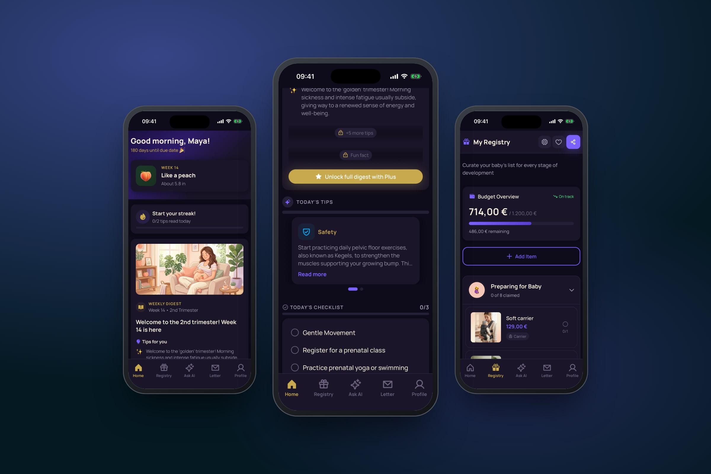 BabyPath app: daily tips and checklist, the home screen for week 14, and the registry with its budget