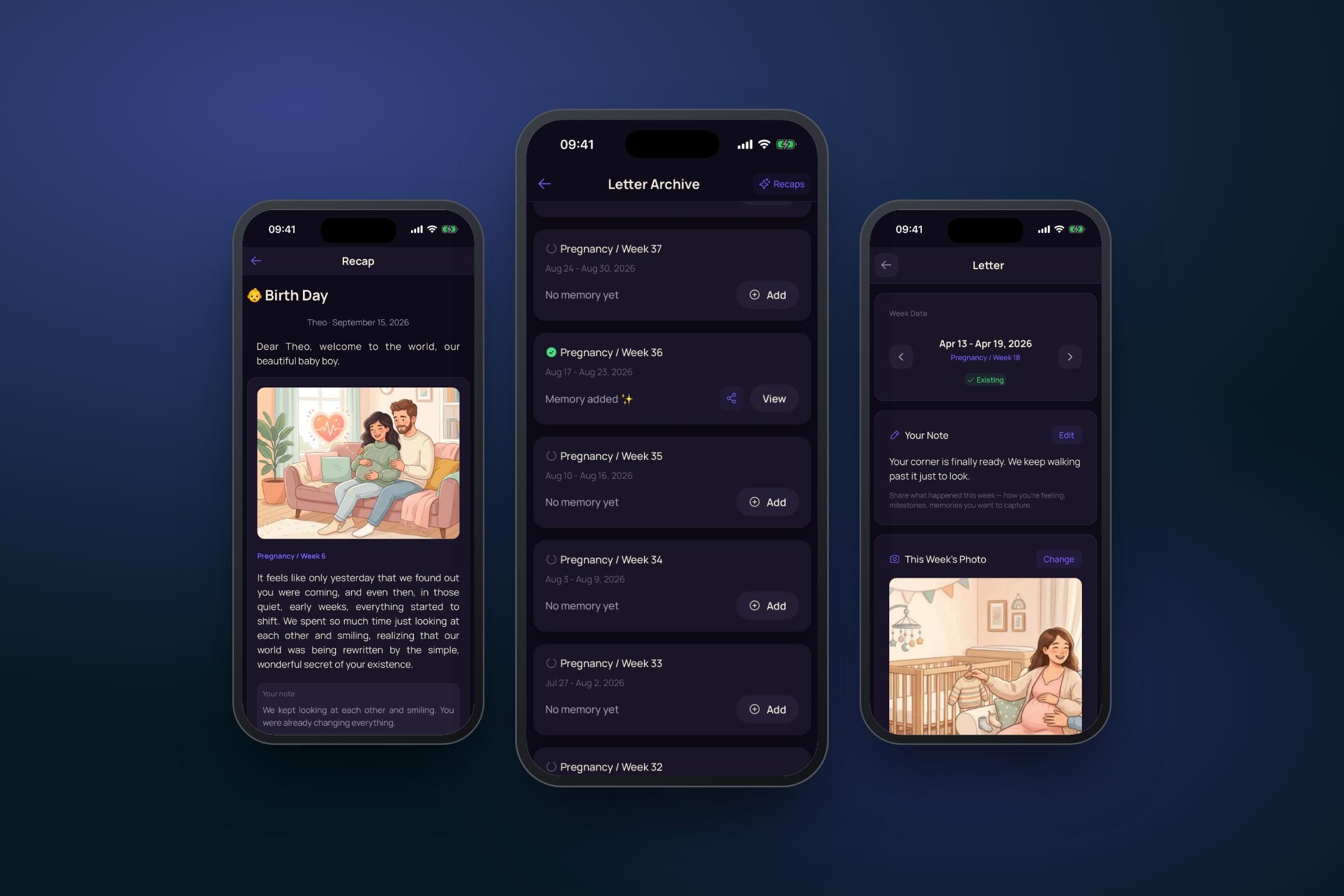 BabyPath app: a birth-day recap, the letter archive and a weekly note with a photo