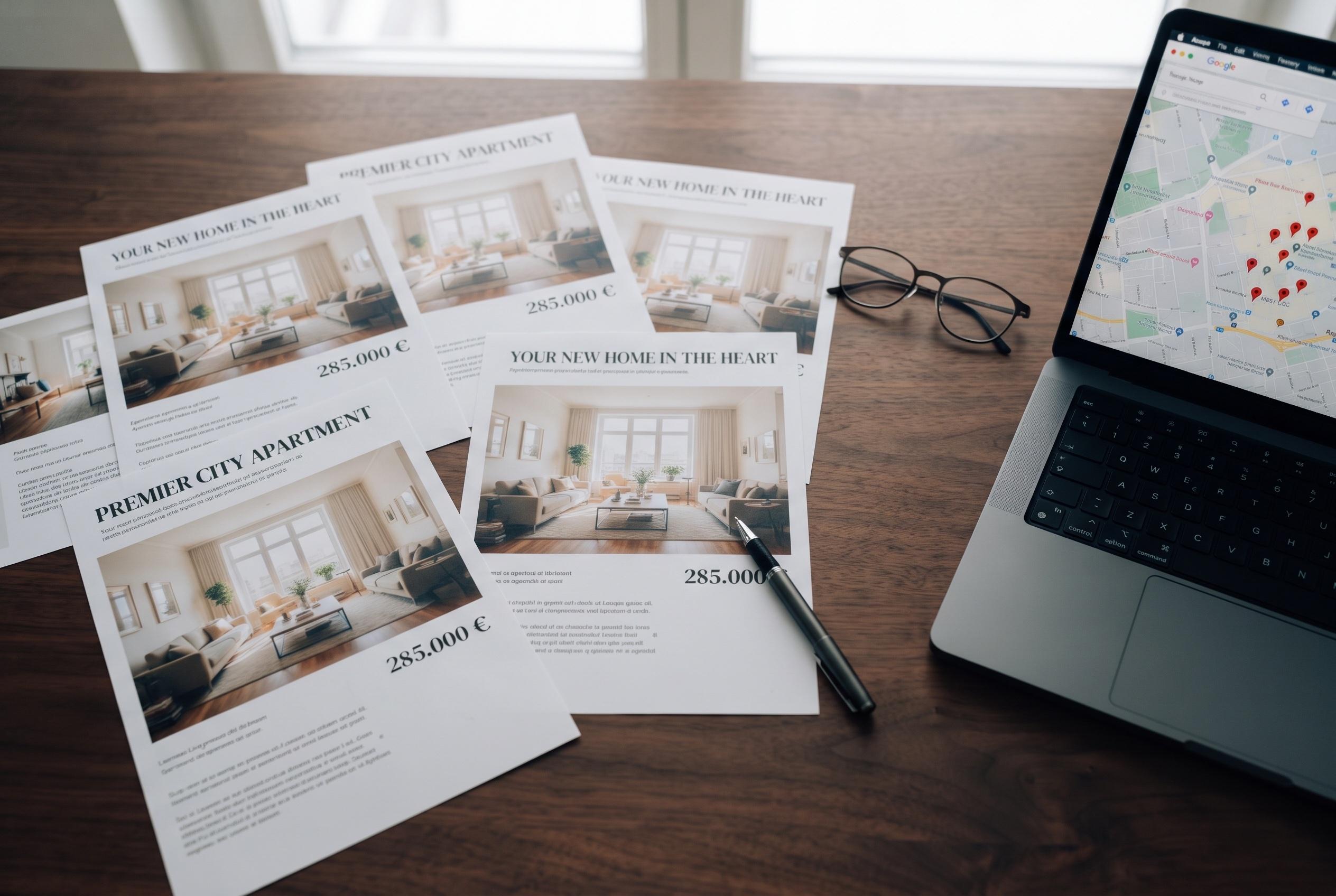 Printed listing sheets of the same apartment spread across a desk, each with a different headline and the same price, a laptop with a map at the edge