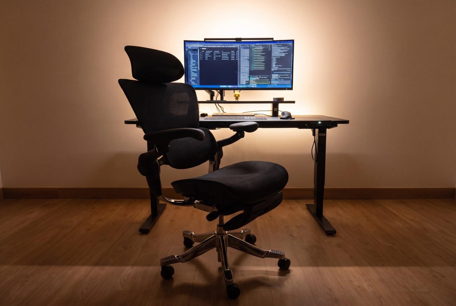The finished workspace in the evening, the chair in front of the standing desk and ultrawide monitor