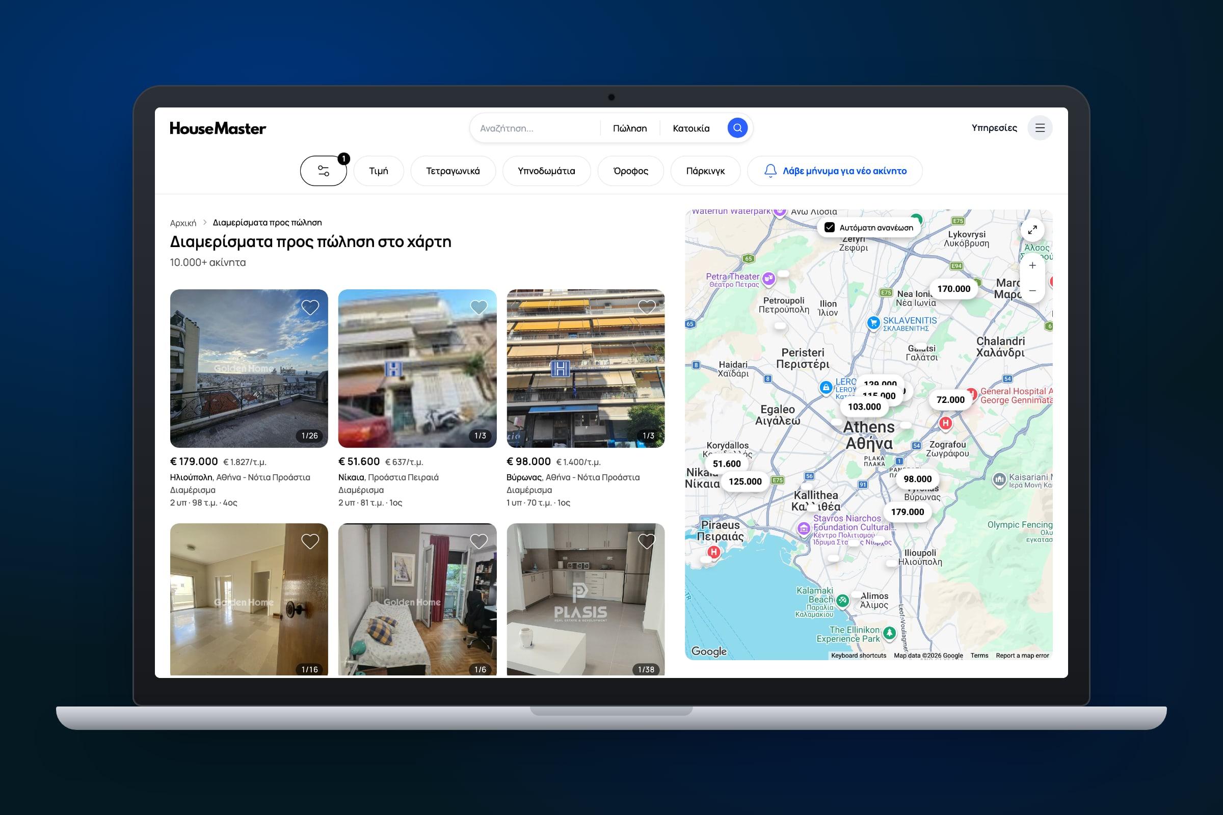 HouseMaster map search: apartments for sale in Athens, listing cards beside a map with price markers