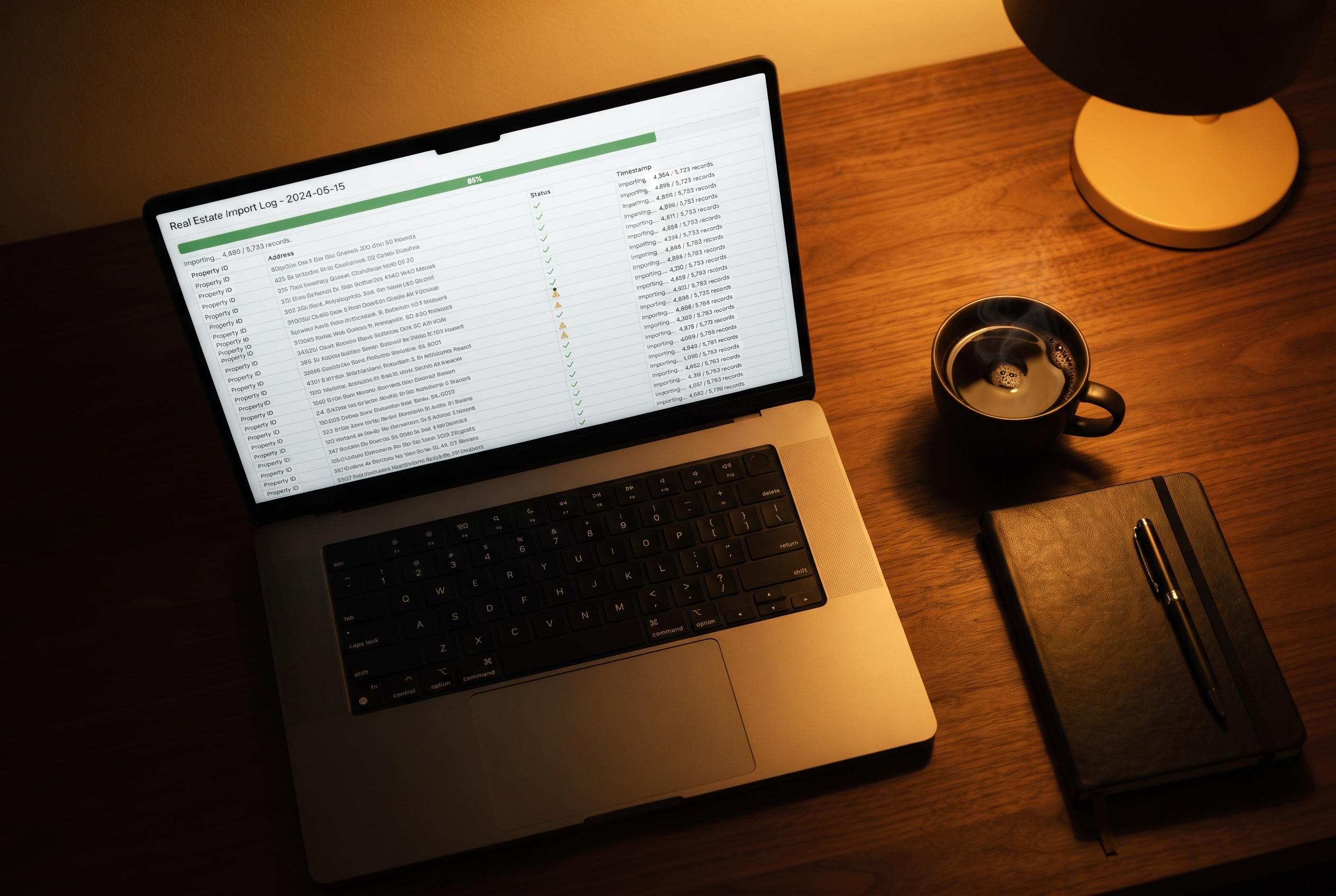 A laptop on a desk in lamp light, its screen a batch of property records being imported, most rows with a green tick and a few with a warning